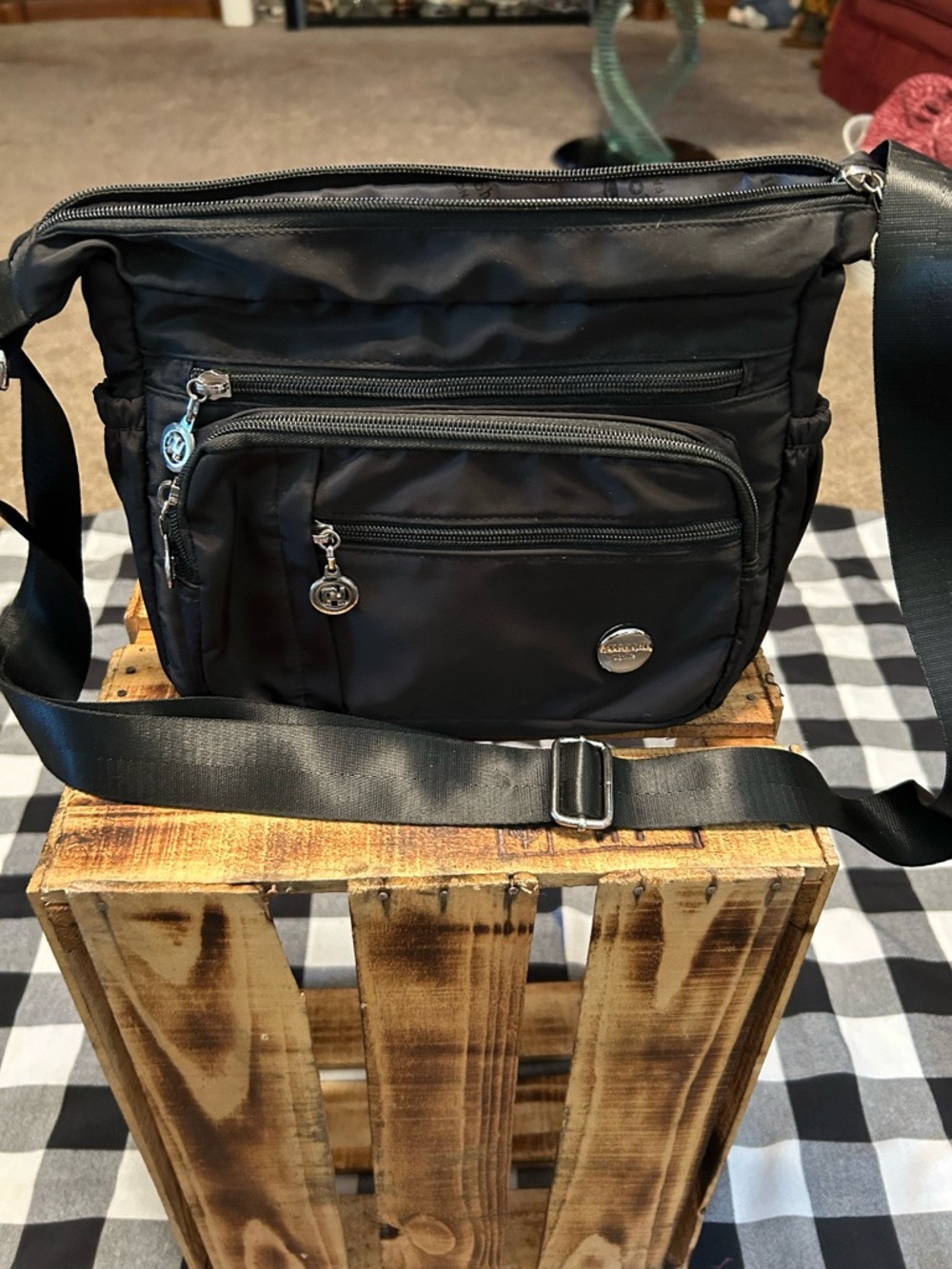 Black Nylon Travel Crossbody Bag with Multiple Zip Compartments